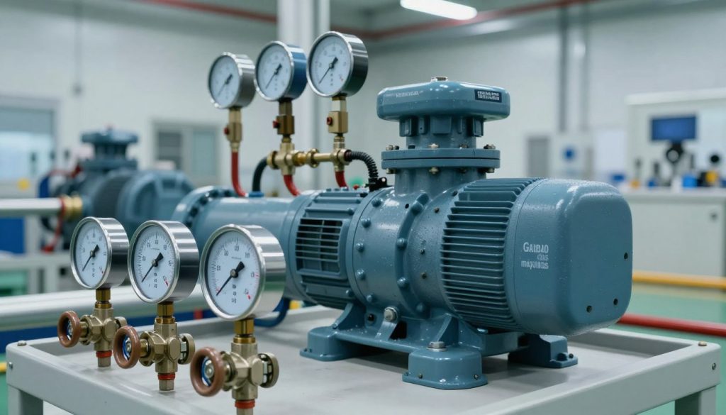 A highly detailed, technical illustration of a centrifugal pump pressure control system, prominently featuring the equipment labeled with "Galpão das máquinas." In the foreground, depict gauges and control valves with clear indicators showing pressure readings. The middle ground should include a sophisticated centrifugal pump connected to various pipes and sensing instruments, showcasing the engineering intricacies of the system. The background should feature a modern industrial facility with soft lighting to create a professional and focused atmosphere. Use a slightly elevated angle to capture the entire setup, ensuring good visibility of all components. The mood should convey precision and professionalism, emphasizing the importance of pressure measurement and control in centrifugal pumps.