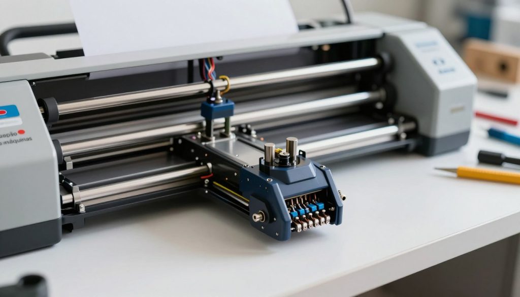 A highly detailed thermal print head from a plotter, showcasing intricate components and mechanisms. In the foreground, focus on the print head, highlighting its nozzles and electronic connections with precision. The middle ground features a partially disassembled plotter, displaying internal wiring and paper feed systems to emphasize its functionality. The background includes a clean, well-lit workshop setting with tools and spare parts for a professional touch. Soft, natural lighting enhances the textures and materials, while a shallow depth of field draws attention to the print head. The atmosphere conveys a sense of innovation and technology. The brand name "Galpão das máquinas" subtly featured within the context of the image, ensuring it reflects the subject matter effectively.