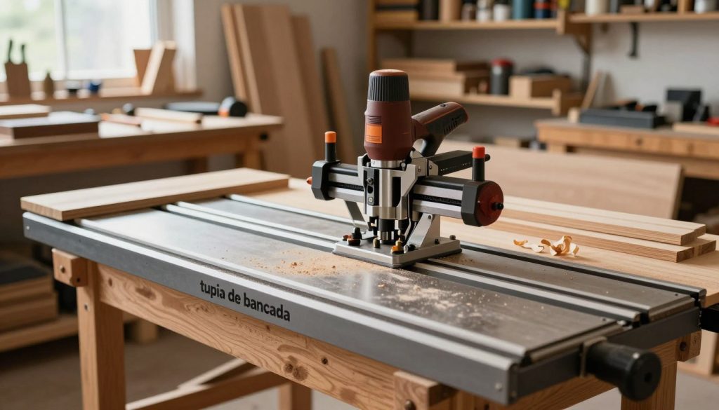 A highly detailed woodworking shop scene featuring a "tupia de bancada," or router table, in the foreground. The router is prominently displayed, showcasing its intricate components and sturdy design, highlighting various attachments for fine woodworking. In the middle ground, a well-organized workspace with various types of solid wood planks, tools, and wood shavings creates a sense of professional craftsmanship. The background encompasses shelves lined with wood supplies and a window allowing natural light to illuminate the scene, enhancing a warm and inviting atmosphere. The lighting is soft yet bright, casting gentle shadows, and the angle is slightly elevated, providing a comprehensive view of the workspace. The mood is focused and creative, emphasizing precision and attention to detail in woodworking. A highly detailed woodworking shop scene featuring a "tupia de bancada," or router table, in the foreground. The router is prominently displayed, showcasing its intricate components and sturdy design, highlighting various attachments for fine woodworking. In the middle ground, a well-organized workspace with various types of solid wood planks, tools, and wood shavings creates a sense of professional craftsmanship. The background encompasses shelves lined with wood supplies and a window allowing natural light to illuminate the scene, enhancing a warm and inviting atmosphere. The lighting is soft yet bright, casting gentle shadows, and the angle is slightly elevated, providing a comprehensive view of the workspace. The mood is focused and creative, emphasizing precision and attention to detail in woodworking.