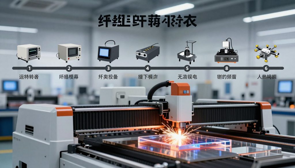 A historical timeline of fiber laser cutting technology evolution, depicted in a visually engaging manner. In the foreground, showcase a high-detail fiber laser cutting machine in operation, cutting through various materials like metal and acrylic, with bright sparks flying. In the middle ground, place images or illustrations of key milestones in fiber laser technology—early equipment models, technological advancements, and notable applications in industries like manufacturing and aerospace. The background should feature a sleek industrial setting with soft, ambient lighting that highlights the machinery and gives a sense of innovation. Use a wide-angle perspective to create depth, enhancing the narrative of progress in laser cutting technology. Aim for a professional and inspiring atmosphere.