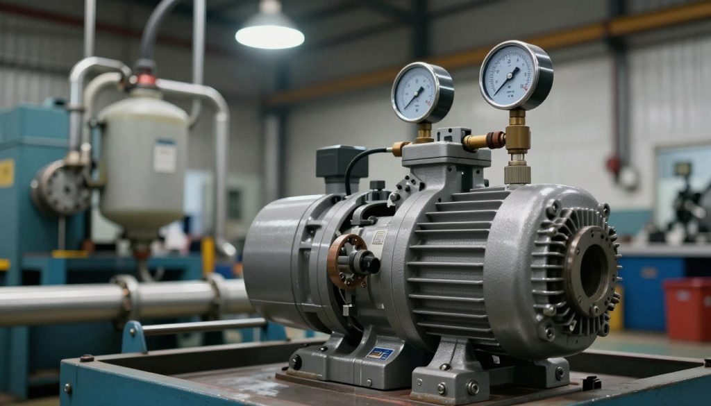 A hydraulic pump in a modern industrial setting, showcasing the intricacies of its components. In the foreground, focus on the pump with detailed textures, metallic surfaces, and visible pressure gauges indicating high pressure levels. The middle ground features pipes and fluid reservoirs, emphasizing the hydraulic system’s connectivity. In the background, blurred machinery and tools typical of a workshop create an authentic environment. Soft, diffused lighting from overhead lamps highlights the pump's features, casting gentle shadows. The angle captures a slightly downward view, providing depth to the scene while maintaining a clear focus on the hydraulic pump. The overall mood is one of engineering precision and industrial efficiency, suitable for an informative article about hydraulic pump pressure.