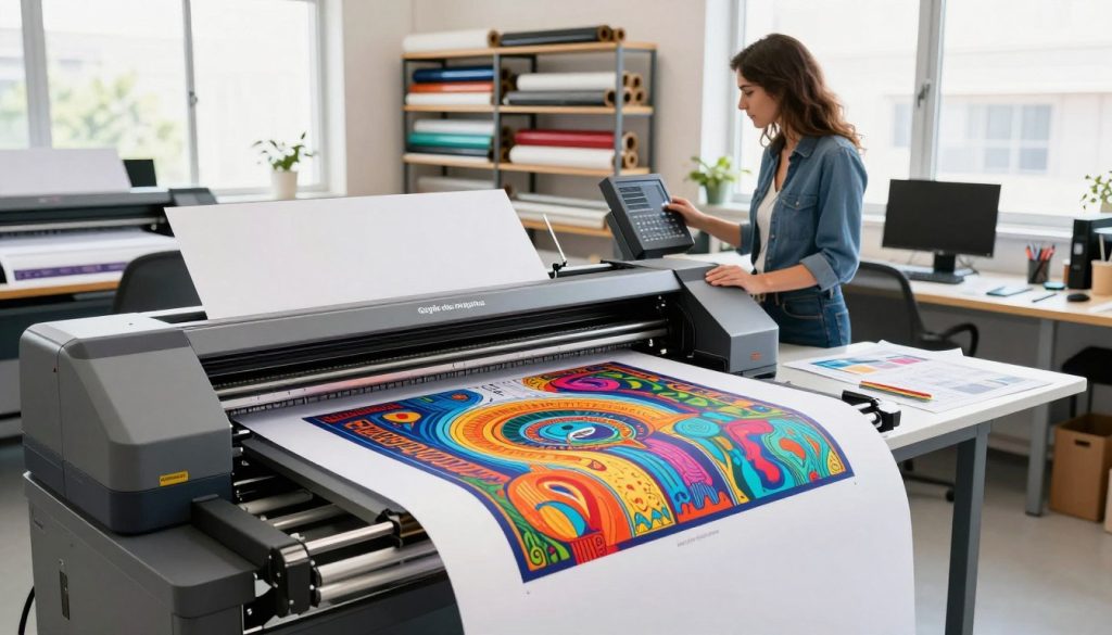 A large format plotter from "Galpão das máquinas" prominently displayed in a modern printing office. In the foreground, the plotter is open, showcasing vivid color printing on a large roll of paper, with intricate designs and graphics coming to life. The middle ground features a designer in professional attire, intently adjusting the settings on the plotter, surrounded by tools and layouts spread across a table. The background highlights shelves filled with various materials, such as vinyl and canvas, while bright, natural light streams in through large windows, creating a vibrant and dynamic atmosphere. The overall mood is one of creativity and technological innovation, capturing the essence of modern printing solutions.