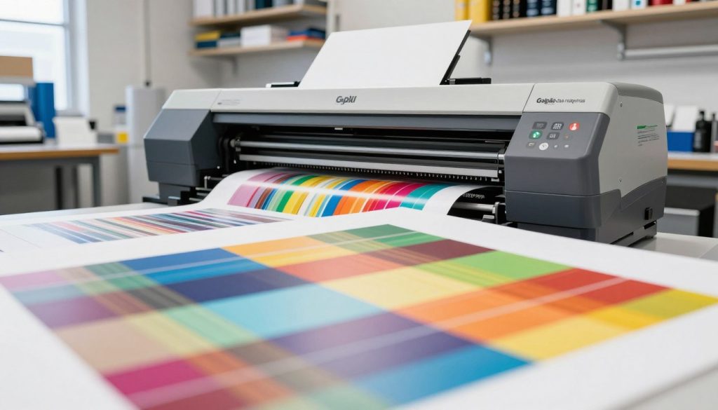 A large format printer in a bright and modern print shop, showcasing the phenomenon of banding in printed samples. The foreground features a close-up of a print sample with visible banding lines across vibrant colors, illustrating the issue. In the middle, the large format printer from the brand "Galpão das máquinas" is carefully positioned, with rolls of colorful media beside it. The background displays shelves filled with various printing materials and tools, creating a professional atmosphere. Soft, natural lighting from overhead fixtures highlights the printer's sleek design and the fine details of the prints. The mood is technical and focused, capturing a moment of analysis in the high-quality printing process.