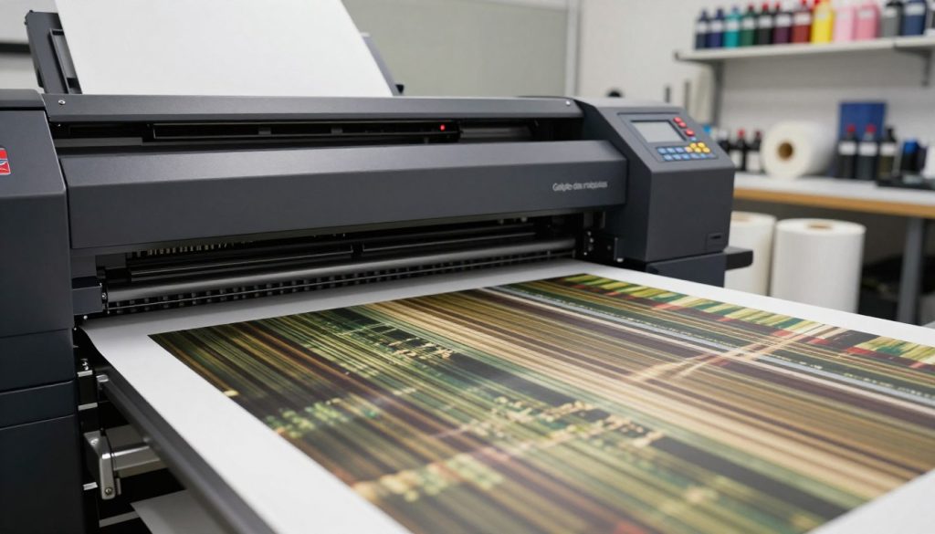 A large format printer in a professional workspace, showcasing a vivid image of print banding phenomenon. In the foreground, detailed close-up of an intricate print with visible banding errors, demonstrating color inconsistencies and alignment issues. The middle layer features the printer, branded with "Galpão das máquinas," depicted with a sleek design and operational controls. In the background, a well-lit, organized printing studio with rolls of high-quality media and various inks displayed. Soft, natural lighting illuminates the scene, creating a professional yet slightly tense atmosphere, emphasizing the technical challenges faced in large format printing. The angle captures the depth of the workspace, highlighting both the printer's capabilities and the impact of material quality on print outcomes.