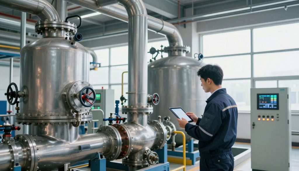 A large industrial boiler in a modern factory setting, showcasing robust steel construction with complex piping and valves. In the foreground, a technician in professional business attire is meticulously inspecting the boiler, using a tablet for diagnostics. The middle ground features additional machinery and control panels with glowing indicators, illustrating the high-tech environment. The background displays large windows allowing natural light to flood the space, enhancing the atmosphere of efficiency and professionalism. The lighting is bright and even, highlighting the metallic surfaces and intricate details of the machinery. The mood conveys an atmosphere of innovation and industrial efficiency, ideal for an article discussing various types of boilers and their applications. A large industrial boiler in a modern factory setting, showcasing robust steel construction with complex piping and valves. In the foreground, a technician in professional business attire is meticulously inspecting the boiler, using a tablet for diagnostics. The middle ground features additional machinery and control panels with glowing indicators, illustrating the high-tech environment. The background displays large windows allowing natural light to flood the space, enhancing the atmosphere of efficiency and professionalism. The lighting is bright and even, highlighting the metallic surfaces and intricate details of the machinery. The mood conveys an atmosphere of innovation and industrial efficiency, ideal for an article discussing various types of boilers and their applications.