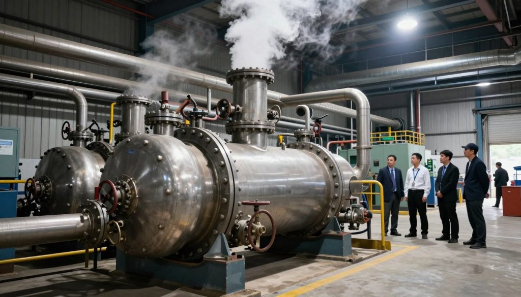 A large industrial boiler sits prominently in the foreground, showcasing its metallic body with intricate piping and valves. Steam rises from the top, creating a dynamic contrast against a backdrop of a busy manufacturing facility. In the middle ground, several industrial workers in professional business attire observe and interact with the machinery, emphasizing the operational environment. The background features additional industrial equipment and stacks, under harsh yet focused overhead lighting that creates dramatic shadows, highlighting the textures of the boiler and surroundings. Use a wide-angle lens to capture the scale and complexity of the space, evoking a sense of industrious activity and functionality, while maintaining a clean and organized atmosphere.