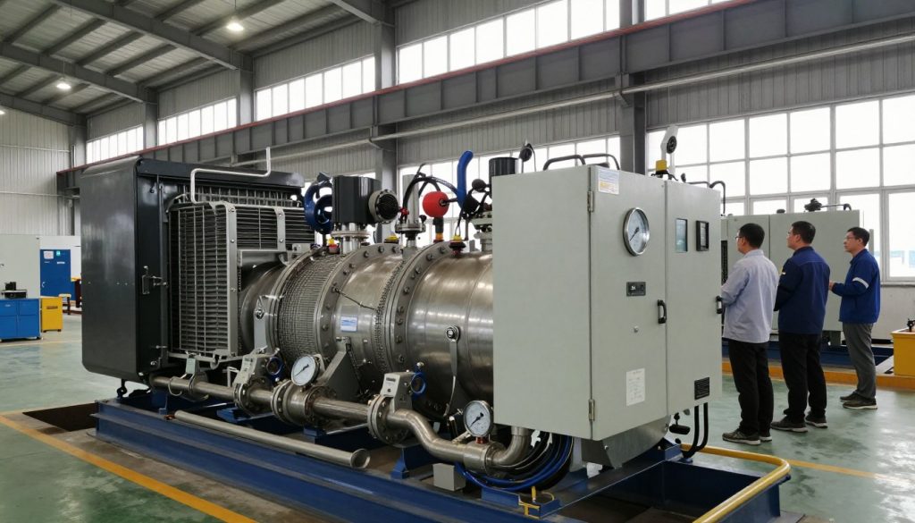 A large, industrial energy generator prominently displayed in the foreground, showcasing its metallic exterior with coolant pipes, control panels, and gauges. The generator is surrounded by various cables and industrial equipment to emphasize its purpose in energy production. In the middle ground, there are workers in professional business attire operating the generator, carefully monitoring its performance. The background features a spacious industrial facility with high ceilings, large windows allowing natural light to stream in, and other machinery in operation. The lighting is bright and well-distributed, highlighting the generator's details, while capturing a sense of productivity and innovation. The mood is one of efficiency and reliability, portraying a bustling environment focused on energy solutions.