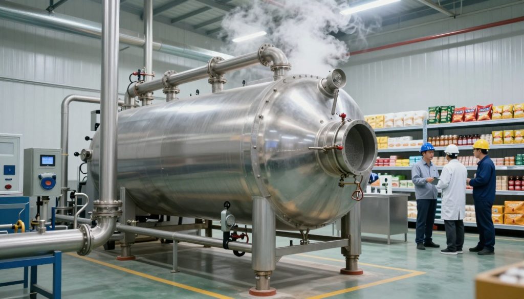 A large industrial food boiler designed for food processing, showcasing its robust metal structure with steam rising from the top. In the foreground, intricate piping and controls can be seen, emphasizing its operational components. In the middle, the boiler is situated within a clean, well-lit factory environment, with workers in professional attire discussing safety regulations. The background features shelves stocked with food products, highlighting the industry's focus. The lighting is bright, casting soft shadows, and creating a sterile yet efficient atmosphere. Use a slight angle to capture the industrial setting, focusing on the boiler as the central subject, while ensuring a clear and organized composition. A large industrial food boiler designed for food processing, showcasing its robust metal structure with steam rising from the top. In the foreground, intricate piping and controls can be seen, emphasizing its operational components. In the middle, the boiler is situated within a clean, well-lit factory environment, with workers in professional attire discussing safety regulations. The background features shelves stocked with food products, highlighting the industry's focus. The lighting is bright, casting soft shadows, and creating a sterile yet efficient atmosphere. Use a slight angle to capture the industrial setting, focusing on the boiler as the central subject, while ensuring a clear and organized composition.