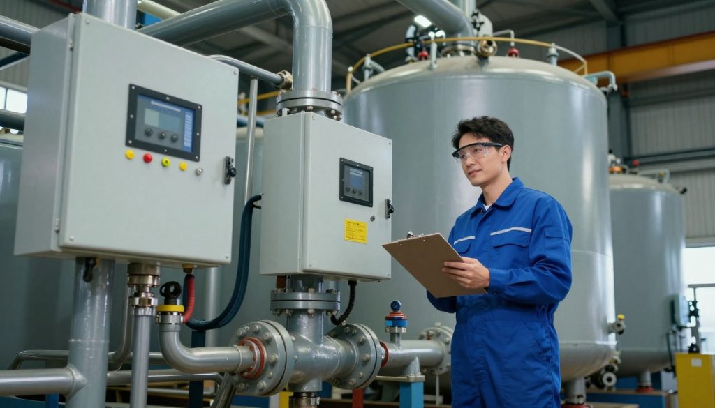 A large industrial hot water boiler, prominently displayed in the foreground, showcasing its intricate piping and control panel details. In the middle ground, a maintenance technician in a blue jumpsuit inspects the boiler, holding a clipboard and wearing safety goggles, demonstrating an attentive and professional demeanor. The background features an industrial setting with steel beams and ambient lighting, emphasizing cleanliness and organization. The image is well-lit with soft, even lighting, creating a serious yet optimistic atmosphere about preventive maintenance. The angle is slightly low, giving the boiler an imposing presence while allowing a clear view of the technician’s actions, conveying the importance of regular maintenance procedures.