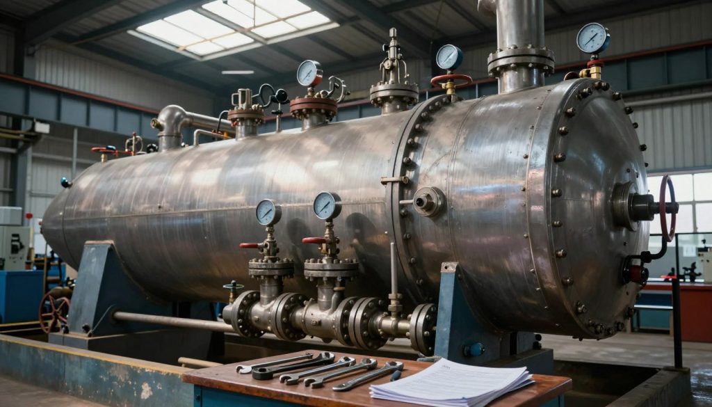 A large, industrial steam boiler (caldeira a vapor) dominates the foreground, showcasing intricate piping, valves, and gauges in polished metal. The boiler exhibits a combination of cylindrical and rectangular forms, emphasizing its industrial nature. Soft sunlight filters through an overhead skylight, creating highlights on the metallic surfaces, while shadows fall in dramatic contrast. In the middle ground, various maintenance tools are neatly arranged, emphasizing the theme of preventive maintenance, including wrenches and manuals. The background features slightly blurred industrial machinery and equipment, creating a sense of an active workshop environment. The color palette combines steel blues and grays with hints of ochre, reflecting a serious and professional atmosphere, suitable for an industrial setting. Capture the scene from a low angle to emphasize the scale and significance of the boiler, while maintaining a clean and focused composition.