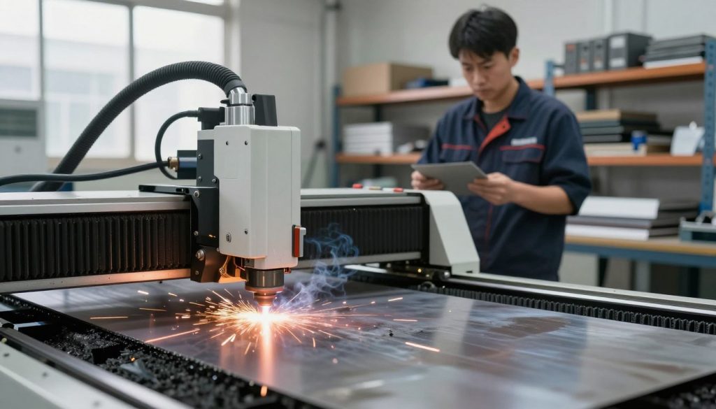 A laser cutting machine in an industrial workshop, showcasing common issues such as rough edges, charred materials, and misalignment. In the foreground, a close-up of a laser beam cutting through a metal sheet, with visible sparks and smoke. The middle ground features an operator in professional work attire, examining finished pieces for quality control, with a worried expression. In the background, shelves filled with various materials and tools, and a large window letting in soft, natural light to create a well-lit workspace atmosphere. The image captures a sense of focus and professionalism, highlighting the importance of precision in laser cutting.