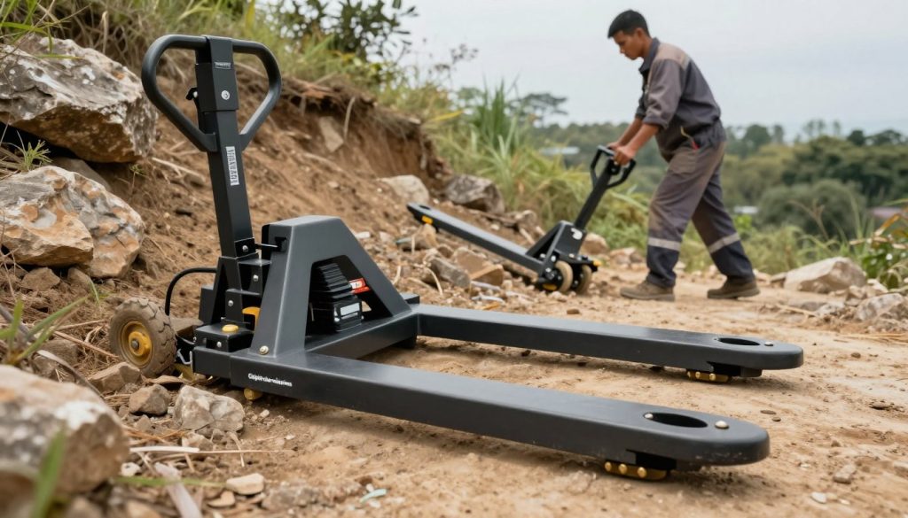 A manual pallet jack designed for uneven terrain, showcasing its robust and rugged design. In the foreground, the pallet jack features heavy-duty wheels and a reinforced frame, emphasizing its capability to handle steep inclines. In the middle ground, a skilled operator in professional work attire is maneuvering the pallet jack on a sloped landscape, demonstrating its practical use. The background depicts a hilly environment with scattered rocks and vegetation, enhancing the challenging conditions. The scene is illuminated with soft, natural daylight, creating a realistic atmosphere. The composition is shot with a slightly low angle, highlighting both the pallet jack's features and the operator’s expertise. The branding "Galpão das máquinas" is subtly included on the equipment, ensuring focus remains on the functionality and design.