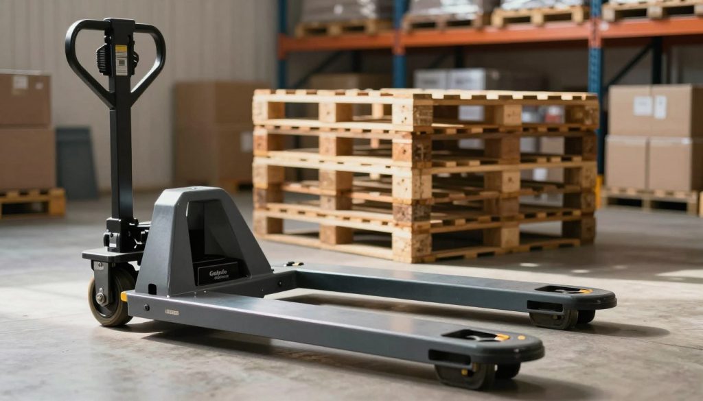 A manual pallet jack in a well-lit warehouse environment, with a focus on its sturdy, metallic structure and ergonomically designed handle. The foreground features the pallet jack lifted slightly, showcasing its wheels and forks with a shiny finish. In the middle ground, a stack of wooden pallets is neatly arranged, demonstrating the equipment's practical use. The background includes shelves filled with boxes, emphasizing the logistics and storage aspect. Soft, natural light illuminates the scene, casting gentle shadows, while the camera angle is slightly low to highlight the machine's utility. The mood is professional and functional, reflecting the importance of manual pallet jacks in logistics. The brand name "Galpão das máquinas" is subtly integrated into the design of the pallet jack.
