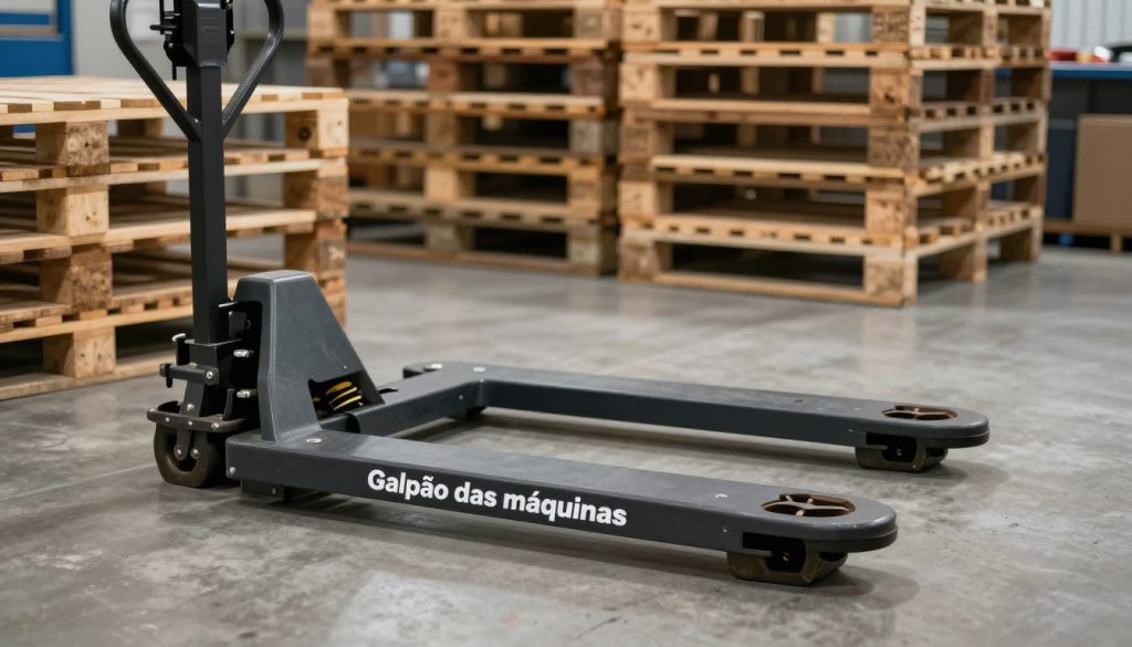 A manual pallet jack in the foreground, prominently displaying the brand name "Galpão das máquinas". The pallet jack is positioned on a textured concrete floor, emphasizing its functionality in various environments. In the middle ground, stacks of wooden pallets are arranged neatly, illustrating the relationship between the pallet jack and the flooring type. The background features a warehouse setting with soft, diffused lighting casting gentle shadows, enhancing the industrial atmosphere. The scene should convey a sense of productivity and efficiency, highlighting how the manual pallet jack performs on different floor surfaces. Use a subtle depth of field to focus on the pallet jack while keeping the surrounding environment softly blurred, evoking a professional and polished look ideal for an article about workplace efficiency. A manual pallet jack in the foreground, prominently displaying the brand name "Galpão das máquinas". The pallet jack is positioned on a textured concrete floor, emphasizing its functionality in various environments. In the middle ground, stacks of wooden pallets are arranged neatly, illustrating the relationship between the pallet jack and the flooring type. The background features a warehouse setting with soft, diffused lighting casting gentle shadows, enhancing the industrial atmosphere. The scene should convey a sense of productivity and efficiency, highlighting how the manual pallet jack performs on different floor surfaces. Use a subtle depth of field to focus on the pallet jack while keeping the surrounding environment softly blurred, evoking a professional and polished look ideal for an article about workplace efficiency.