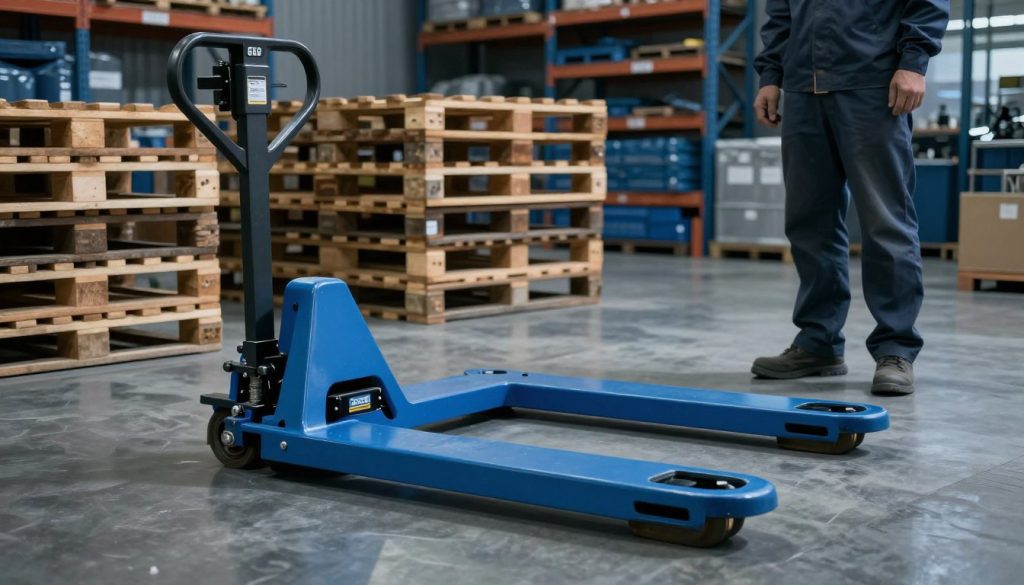 A manual pallet jack (paleteira manual) designed for industrial use, prominently displayed in a warehouse setting. In the foreground, the pallet jack is shown with a distinct, practical design, emphasizing its wheels and lifting mechanism. The middle ground captures a cluttered warehouse with wooden pallets stacked unevenly, suggesting a challenging environment for using this equipment. A faint outline of an operator in professional attire is shown standing next to the pallet jack, inspecting the situation, conveying a sense of caution and industry. The background features shelving units and industrial lighting casting soft shadows, creating a realistic atmosphere. The color scheme includes deep blues and greys, highlighting the seriousness of the context. The brand, "Galpão das máquinas," should be subtly represented, adding a touch of authenticity without overwhelming the scene. A manual pallet jack (paleteira manual) designed for industrial use, prominently displayed in a warehouse setting. In the foreground, the pallet jack is shown with a distinct, practical design, emphasizing its wheels and lifting mechanism. The middle ground captures a cluttered warehouse with wooden pallets stacked unevenly, suggesting a challenging environment for using this equipment. A faint outline of an operator in professional attire is shown standing next to the pallet jack, inspecting the situation, conveying a sense of caution and industry. The background features shelving units and industrial lighting casting soft shadows, creating a realistic atmosphere. The color scheme includes deep blues and greys, highlighting the seriousness of the context. The brand, "Galpão das máquinas," should be subtly represented, adding a touch of authenticity without overwhelming the scene.