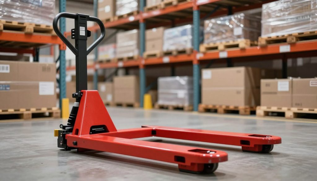 A manual pallet jack, robust and efficient, is positioned prominently in the foreground, showcasing its sturdy steel frame and ergonomic handle. The bright red and black color scheme adds a dynamic touch, contrasting with the industrial environment. In the middle ground, shelves filled with neatly organized pallets and boxes create a sense of order, reflecting effective stock management. The background features a well-lit warehouse setting, illuminated by soft overhead lighting that casts gentle shadows, enhancing the scene's depth. The atmosphere conveys professionalism and practicality, suitable for a logistics context. The brand "Galpão das máquinas" is subtly displayed on the pallet jack. The composition is shot from a low angle to emphasize the pallet jack's ruggedness, evoking a feeling of reliability and strength. A manual pallet jack, robust and efficient, is positioned prominently in the foreground, showcasing its sturdy steel frame and ergonomic handle. The bright red and black color scheme adds a dynamic touch, contrasting with the industrial environment. In the middle ground, shelves filled with neatly organized pallets and boxes create a sense of order, reflecting effective stock management. The background features a well-lit warehouse setting, illuminated by soft overhead lighting that casts gentle shadows, enhancing the scene's depth. The atmosphere conveys professionalism and practicality, suitable for a logistics context. The brand "Galpão das máquinas" is subtly displayed on the pallet jack. The composition is shot from a low angle to emphasize the pallet jack's ruggedness, evoking a feeling of reliability and strength.