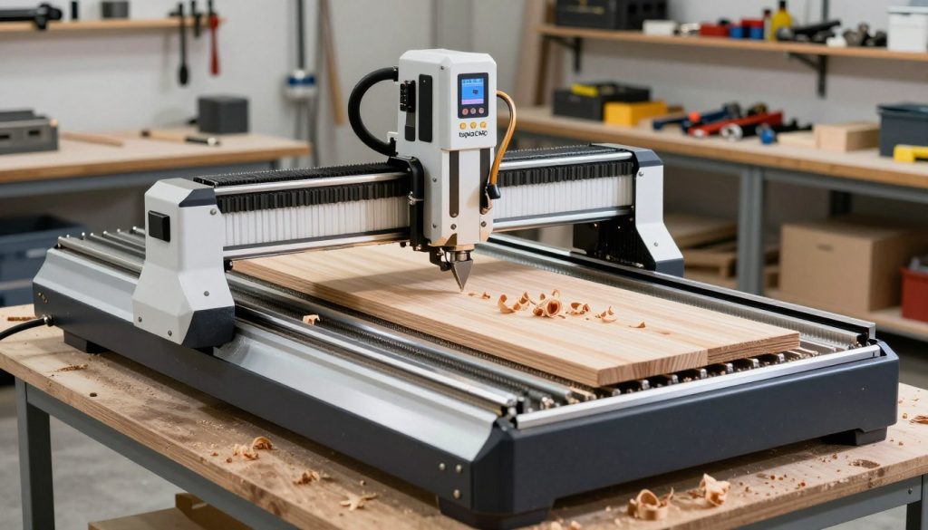 A modern CNC router, specifically a "tupia CNC," positioned in a well-lit workshop. The foreground features the machine with sharp details of its control panel and cutting tools, glistening metal surfaces reflecting light. In the middle ground, a wooden workpiece is being shaped, with wood shavings scattered around, showcasing the precision of the machine. The background reveals shelves lined with various tools and materials, with soft ambient lighting creating a professional atmosphere. The image captures a focused and efficient environment, emphasizing the industrial elegance of the CNC router at work. Use a slightly elevated angle to provide a comprehensive view, highlighting functionality and design, while maintaining a clean and organized composition.