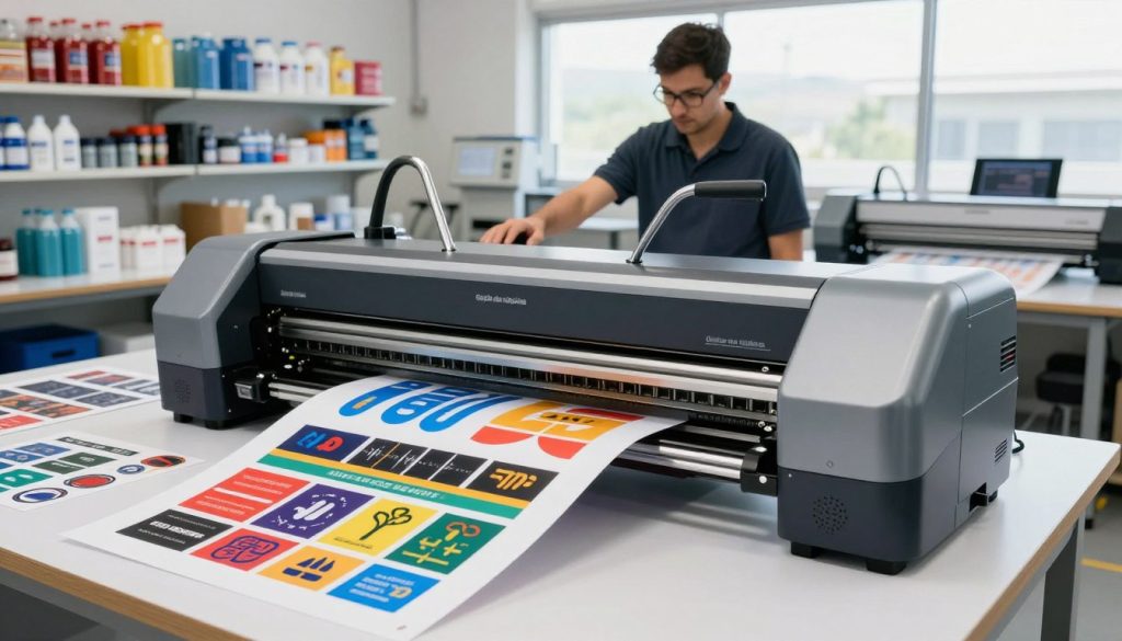 A modern UV printing plotter, branded "Galpão das máquinas," situated prominently in a well-lit, spacious printing studio. In the foreground, the plotter showcases its sleek design with a glossy finish, surrounded by vibrant samples of printed materials, such as posters and labels, highlighting the sharp colors and intricate details. The middle ground features a technician in professional attire, focused on adjusting the plotter settings, conveying a sense of expertise and precision. The background features shelves filled with various printing supplies and a large window allowing natural light to pour in, creating a bright and energetic atmosphere. The image captures a sense of innovation and professionalism in the UV printing industry, with an emphasis on the advanced technology of the plotter.