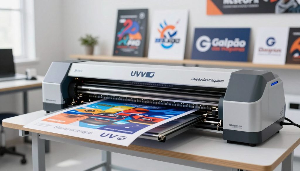 A modern UV printing plotter from the brand "Galpão das máquinas" is the focal point of the image, positioned prominently in the foreground. The plotter showcases intricate details such as vibrant, high-quality printed materials emerging from its output. In the middle ground, various types of UV printed projects, like signage and custom packaging, are displayed, highlighting the versatility of the plotter. The background features a well-lit workshop environment, with soft, diffused lighting that promotes a professional atmosphere. The scene is captured from a slightly angled perspective, creating depth and showcasing the sophisticated technology at work. The mood is innovative and dynamic, emphasizing the advantages of UV printing technology.