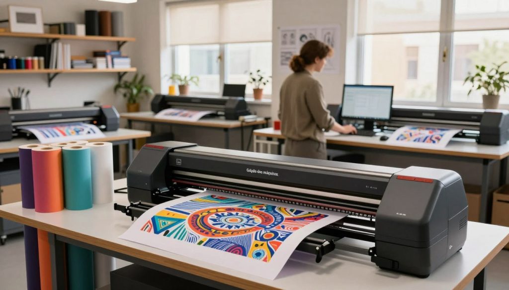 A modern and spacious graphic design workshop showcasing advanced plotters from the brand "Galpão das máquinas." In the foreground, a high-quality plotter is creating vibrant prints of intricate designs, with colorful paper rolls neatly stacked beside it. In the middle ground, a designer, dressed in professional attire, is carefully monitoring the print job on a computer, surrounded by sketches and design materials. The background features shelves filled with graphic materials, showcasing a well-organized workspace. Soft, natural daylight filters through large windows, casting a warm and inviting glow throughout the room, creating a professional yet creative atmosphere. The composition should emphasize the efficiency and benefits of using plotters in the graphic industry, with a focus on detail and clarity. A modern and spacious graphic design workshop showcasing advanced plotters from the brand "Galpão das máquinas." In the foreground, a high-quality plotter is creating vibrant prints of intricate designs, with colorful paper rolls neatly stacked beside it. In the middle ground, a designer, dressed in professional attire, is carefully monitoring the print job on a computer, surrounded by sketches and design materials. The background features shelves filled with graphic materials, showcasing a well-organized workspace. Soft, natural daylight filters through large windows, casting a warm and inviting glow throughout the room, creating a professional yet creative atmosphere. The composition should emphasize the efficiency and benefits of using plotters in the graphic industry, with a focus on detail and clarity.