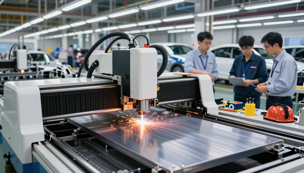 A modern automotive manufacturing facility showcasing the intricate process of laser cutting in action. In the foreground, a high-tech laser cutting machine precisely slicing through metal sheets, emitting a sharp beam of light and sparks. In the middle ground, skilled technicians in professional business attire are focused on monitoring the equipment, highlighting a collaborative workspace filled with tools and safety gear. The background features a well-organized assembly line with various car parts and components, illuminated by bright fluorescent lighting that enhances the cutting-edge atmosphere. The scene conveys a sense of innovation and efficiency, with clean lines and a futuristic aesthetic, shot from a slightly elevated perspective to emphasize the scale and sophistication of the industry.