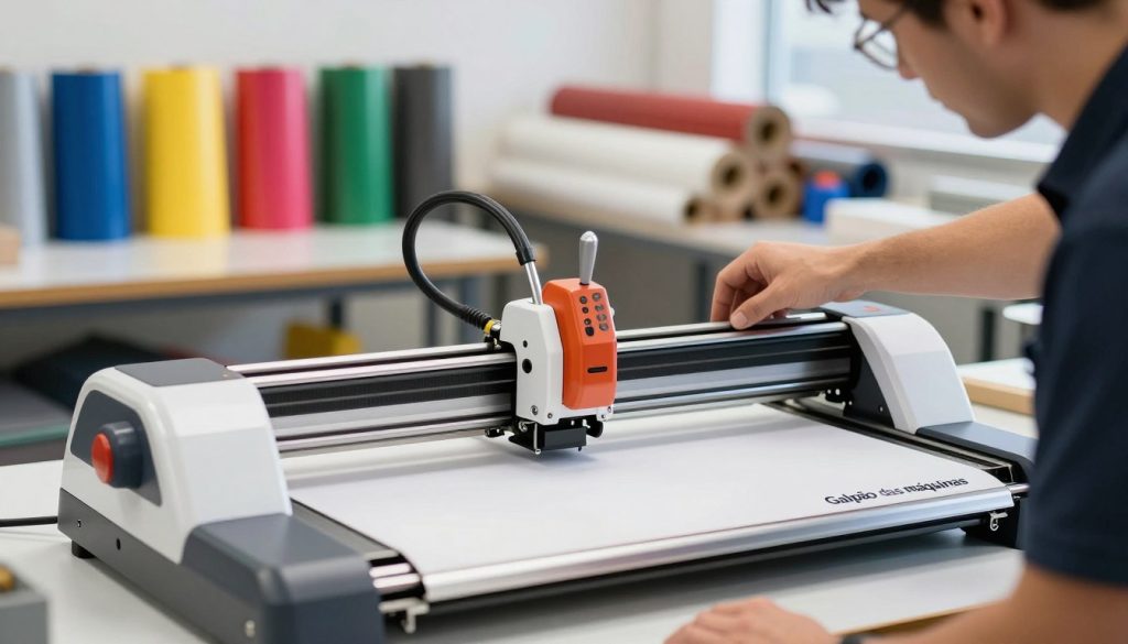 A modern cutting plotter, featuring the brand "Galpão das máquinas," is showcased prominently in the foreground, highlighting its sleek design and intricate components. In the middle ground, a close-up view reveals a user carefully adjusting the pressure settings on the machine, with focused expression and professional attire. The background is softly blurred, displaying a well-organized workshop filled with vibrant rolls of vinyl and various cutting materials, reflecting an atmosphere of creativity and precision. The lighting is bright yet diffused, emphasizing the details of the plotter while creating a motivational and productive ambiance. The angle is slightly elevated, capturing both the operator and the plotter in an engaging perspective, inviting the viewer into the world of cutting technology.