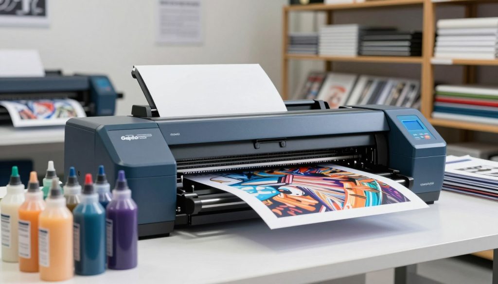 A modern eco solvent printer prominently displayed in a well-lit, professional printing workshop. The plotter, branded "Galpão das máquinas," features sleek lines and vibrant colors that highlight its advanced technology. In the foreground, spools of eco-friendly inks in various colors sit neatly arranged, showcasing the printer's eco-conscious capabilities. The middle ground captures the plotter in action, with a high-definition print emerging, revealing intricate designs that represent the quality and versatility of eco solvent printing. In the background, shelves filled with printed materials, such as banners and vinyl graphics, create a creative atmosphere. Soft, natural lighting accentuates the environment, enhancing a mood of innovation and sustainability in the printing industry. A slight depth of field adds focus to the plotter, drawing attention to its features without distractions.
