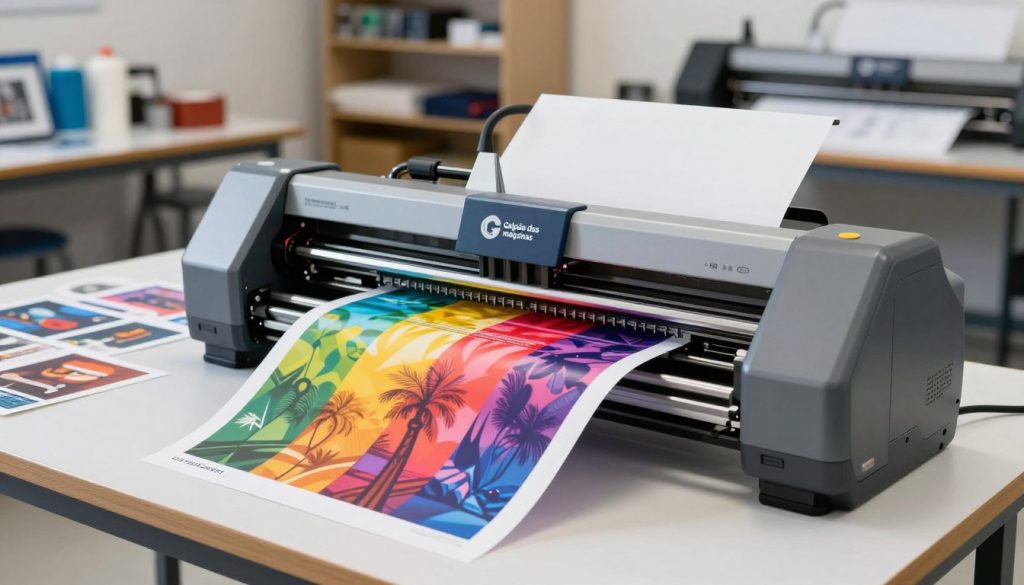A modern eco-solvent printing plotter in action, showcasing its vibrant print outputs. In the foreground, a sleek, high-tech plotter from "Galpão das máquinas" is positioned, with colorful roll of eco-solvent ink beside it. The middle ground features detailed digital prints of graphics and textures representing various applications, such as signage and banners. Soft, natural lighting illuminates the scene, creating an inviting atmosphere. In the background, a well-organized printing workshop with shelves of materials and tools, enhancing the context of the print technology. Angle captures a dynamic view, emphasizing the eco-friendly aspect of solvent printing with vivid colors and clear details, ensuring a professional and innovative vibe throughout the setup.