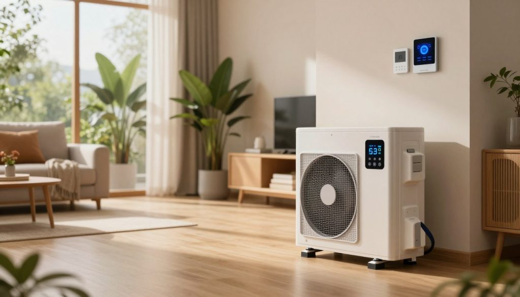 A modern, efficient heating technology setup in a residential setting. In the foreground, showcase a sleek, compact heat pump unit with digital controls, emphasizing its energy-efficient features. In the middle ground, depict a cozy living room environment, highlighting radiant floor heating and smart thermostats on the walls, providing a warm atmosphere. The background features a large window allowing natural light to flood the space, with green plants thriving, symbolizing a sustainable environment. Soft, ambient lighting creates a welcoming mood, while a wide-angle lens captures the entire scene harmoniously. Ensure the image remains professional and clean, without any text or watermarks. A modern, efficient heating technology setup in a residential setting. In the foreground, showcase a sleek, compact heat pump unit with digital controls, emphasizing its energy-efficient features. In the middle ground, depict a cozy living room environment, highlighting radiant floor heating and smart thermostats on the walls, providing a warm atmosphere. The background features a large window allowing natural light to flood the space, with green plants thriving, symbolizing a sustainable environment. Soft, ambient lighting creates a welcoming mood, while a wide-angle lens captures the entire scene harmoniously. Ensure the image remains professional and clean, without any text or watermarks.
