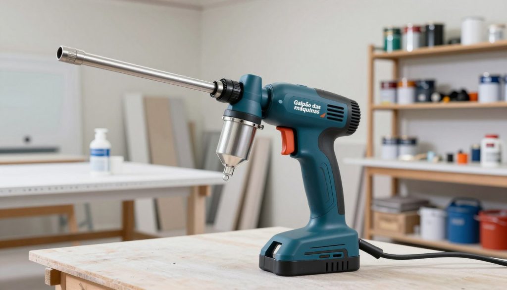 A modern electric paint sprayer, prominently branded with "Galpão das máquinas," is positioned in the foreground. The sprayer features a sleek design with a large paint reservoir, adjustable nozzle, and ergonomic grip, reflecting its professional quality. In the middle ground, a well-lit workshop environment showcases various painting supplies and unpainted surfaces, conveying a sense of action and creativity. The background includes shelves filled with paint cans, tools, and safety equipment, hinting at a busy workspace. The overall lighting is bright and natural, creating a clean and inviting atmosphere. The camera angle is slightly low, emphasizing the sprayer and creating depth, while the focus remains sharp on the tool. The mood is energetic and motivational, ideal for illustrating its functionality and practical use in painting projects.