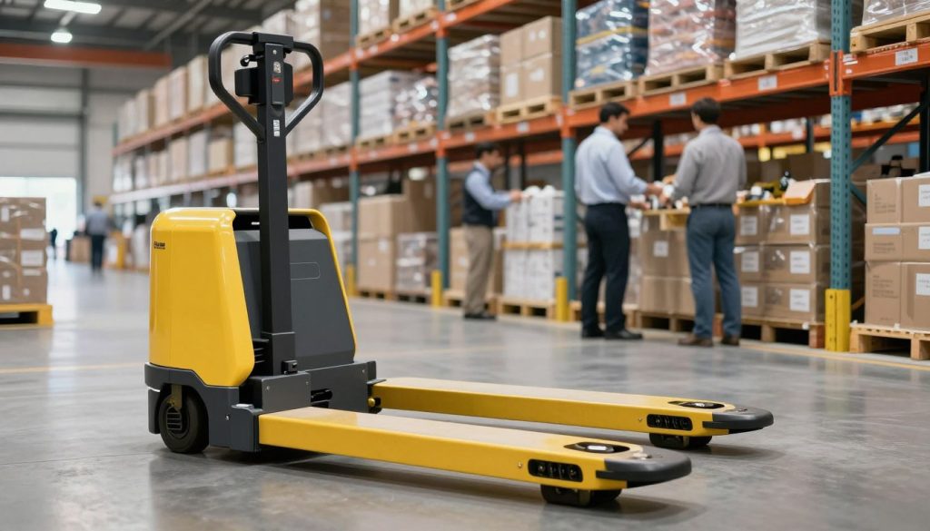 A modern electric pallet jack, featuring a sleek design and vibrant colors, is positioned in the foreground of a bustling warehouse environment. The pallet jack is showcasing its functional features like the control handle and sturdy lifting deck. In the middle ground, warehouse workers in professional business attire are efficiently organizing stock, demonstrating the impact of the electric pallet jack on their workflow. Behind them, rows of neatly arranged shelves filled with packaged goods create a sense of order and efficiency. The lighting is bright and even, coming from overhead fluorescent lights, enhancing the clean, industrial atmosphere. Capture the scene from a slightly elevated angle to give depth and showcase the organized layout of the space, branded with "Galpão das máquinas." The overall mood is one of productivity and modern logistics efficiency. A modern electric pallet jack, featuring a sleek design and vibrant colors, is positioned in the foreground of a bustling warehouse environment. The pallet jack is showcasing its functional features like the control handle and sturdy lifting deck. In the middle ground, warehouse workers in professional business attire are efficiently organizing stock, demonstrating the impact of the electric pallet jack on their workflow. Behind them, rows of neatly arranged shelves filled with packaged goods create a sense of order and efficiency. The lighting is bright and even, coming from overhead fluorescent lights, enhancing the clean, industrial atmosphere. Capture the scene from a slightly elevated angle to give depth and showcase the organized layout of the space, branded with "Galpão das máquinas." The overall mood is one of productivity and modern logistics efficiency.