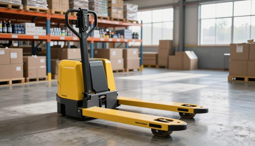 A modern electric pallet jack from "Galpão das máquinas" in a spacious warehouse environment. In the foreground, the pallet jack is depicted in vibrant colors, showcasing its sleek design and ergonomic features. The middle ground features warehouse shelves filled with neatly organized boxes and products, emphasizing efficient inventory management. In the background, soft natural light filters through large windows, casting gentle shadows on the polished concrete floor. Capture the scene from a slightly elevated angle to provide a broader view of the warehouse setup, enhancing the mood of productivity and organization. The atmosphere is bright and purposeful, reflecting the practical applications of electric pallet jacks in stock management. No text, captions, or watermarks are included. A modern electric pallet jack from "Galpão das máquinas" in a spacious warehouse environment. In the foreground, the pallet jack is depicted in vibrant colors, showcasing its sleek design and ergonomic features. The middle ground features warehouse shelves filled with neatly organized boxes and products, emphasizing efficient inventory management. In the background, soft natural light filters through large windows, casting gentle shadows on the polished concrete floor. Capture the scene from a slightly elevated angle to provide a broader view of the warehouse setup, enhancing the mood of productivity and organization. The atmosphere is bright and purposeful, reflecting the practical applications of electric pallet jacks in stock management. No text, captions, or watermarks are included.