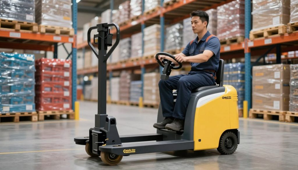 A modern electric pallet jack in a dynamic warehouse setting, expertly maneuvering between stacked shelves filled with colorful pallets. In the foreground, the sleek design of the electric pallet jack is highlighted, showcasing its ergonomic controls and smooth wheels. In the middle ground, a focused warehouse worker in professional attire operates the device, demonstrating its precision and efficiency. The background features a well-organized logistic center with high shelves, ambient warehouse lighting illuminating the scene, creating a vibrant and productive atmosphere. The overall mood conveys a sense of innovation and efficiency in logistics operations. This electric pallet jack is proudly branded with "Galpão das máquinas".