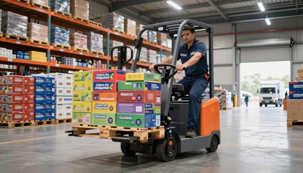 A modern electric pallet jack in action within a bustling warehouse environment, showcasing its benefits for logistics operations. In the foreground, a focused warehouse worker in professional attire expertly maneuvers the pallet jack, lifting colorful pallets stacked with goods. The middle ground features organized shelves filled with products, emphasizing efficiency. Bright, overhead LED lighting casts a clean, professional glow, enhancing visibility and creating a productive atmosphere. The background includes a loading dock and delivery trucks, illustrating seamless logistics. The scene conveys a sense of teamwork and innovation in logistics, highlighting the brand “Galpão das máquinas” through branded pallets. Capture this dynamic moment from a slightly elevated angle to emphasize the ergonomic design of the pallet jack and its impact on warehouse efficiency.
