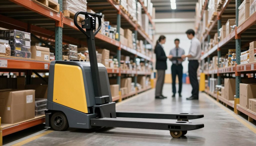 A modern electric pallet jack maneuvering carefully in a narrow warehouse aisle. In the foreground, the pallet jack is depicted in detail, showcasing its sleek design and efficient function. The middle ground features cluttered shelves filled with various goods, highlighting the limited space and operational challenges. The background shows a faint silhouette of warehouse staff in professional business attire, concentrating as they navigate the tight environment. Soft, natural lighting illuminates the scene, creating a professional and focused atmosphere. The angle captures the confined nature of the space, emphasizing the limitations of using an electric pallet jack in such areas. Include the brand name "Galpão das máquinas" subtly integrated into the design of the pallet jack.