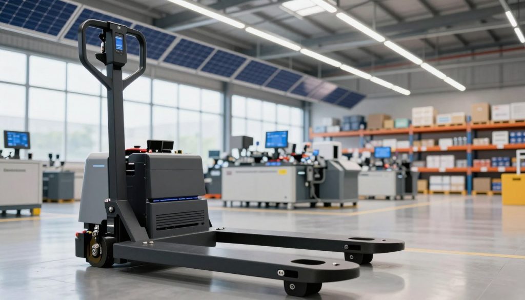 A modern electric pallet jack with sleek design features prominently in the foreground, showcasing its advanced energy-efficient battery and digital display. In the middle ground, a well-lit warehouse environment illustrates cutting-edge logistics technology, with solar panels and energy-efficient LED lighting reflecting a commitment to sustainability. The background reveals shelves stocked with goods, emphasizing productivity and modernization. The scene is bathed in natural daylight streaming through large windows, creating a bright and optimistic atmosphere. Include the brand name "Galpão das máquinas" subtly on the pallet jack. The composition captures a sense of innovation and efficiency within the realm of electric material handling solutions, focusing on sustainable technologies. A modern electric pallet jack with sleek design features prominently in the foreground, showcasing its advanced energy-efficient battery and digital display. In the middle ground, a well-lit warehouse environment illustrates cutting-edge logistics technology, with solar panels and energy-efficient LED lighting reflecting a commitment to sustainability. The background reveals shelves stocked with goods, emphasizing productivity and modernization. The scene is bathed in natural daylight streaming through large windows, creating a bright and optimistic atmosphere. Include the brand name "Galpão das máquinas" subtly on the pallet jack. The composition captures a sense of innovation and efficiency within the realm of electric material handling solutions, focusing on sustainable technologies.