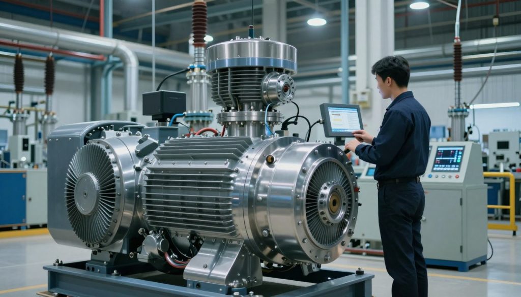 A modern electrical generator in an industrial setting, prominently placed in the foreground with gleaming metal surfaces and intricate mechanical components. In the middle, a technician dressed in professional business attire is carefully monitoring the generator's operations using a digital interface, capturing the essence of hands-on energy generation. The background features a well-lit power plant environment, showcasing pipes and electrical equipment with a soft glow from overhead lights, providing a sense of functionality and energy flow. The atmosphere conveys innovation and reliance on technology. Use a wide-angle lens to capture the full scale of the generator and its surroundings, with a focus on clarity and detail, highlighting the importance of reliable energy generation in various practical scenarios. A modern electrical generator in an industrial setting, prominently placed in the foreground with gleaming metal surfaces and intricate mechanical components. In the middle, a technician dressed in professional business attire is carefully monitoring the generator's operations using a digital interface, capturing the essence of hands-on energy generation. The background features a well-lit power plant environment, showcasing pipes and electrical equipment with a soft glow from overhead lights, providing a sense of functionality and energy flow. The atmosphere conveys innovation and reliance on technology. Use a wide-angle lens to capture the full scale of the generator and its surroundings, with a focus on clarity and detail, highlighting the importance of reliable energy generation in various practical scenarios.