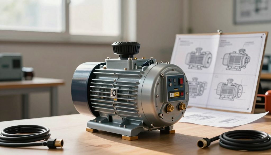 A modern electrical generator sits prominently in the foreground, showcasing its intricate design with metallic surfaces and various control panels. Surrounding it are a few essential tools like cables and connectors, highlighting its functionality. In the middle ground, a clean and organized workspace is visible with blueprints and diagrams illustrating different types of generators and their specifications laid out neatly. The background features a large window allowing natural light to filter in, illuminating the scene with a soft glow. The atmosphere is professional and focused, emphasizing the importance of choosing the right generator. Use a wide-angle lens to capture the setting fully, and ensure warm lighting enhances the technological sophistication of the generator while creating a welcoming environment.