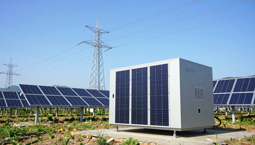 A modern energy generator prominently displayed in the foreground, showcasing its sleek design and technical features. In the middle ground, visualize an industrial setting with power lines and solar panels, emphasizing energy generation and sustainability. The background should feature a clear blue sky with distant hills, symbolizing the environment's harmony with energy solutions. Soft, natural lighting enhances the scene, creating a hopeful and efficient atmosphere. Capture the image from a slightly low angle to give a powerful perspective of the generator, with vibrant colors to evoke a sense of innovation and progress. The mood should be optimistic, illustrating the advantages and benefits of using energy generators in today's world.