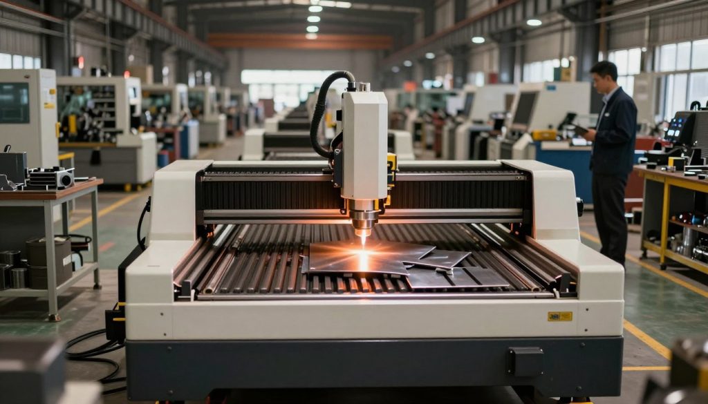 A modern fiber laser cutting machine in an industrial setting, positioned centrally in the foreground. The machine features sleek metal lines, a powerful laser head, and precision cutting bed with scattered metal sheets. In the middle ground, show well-organized tools and parts for metalworking, with an operator in professional business attire observing the cutting process. The background should display an expansive factory floor with rows of machinery and ambient industrial lighting casting soft shadows, creating a focused yet dynamic atmosphere. Use a wide-angle lens perspective to emphasize the scale and technology, while warm tones enhance the innovative and industrious mood of the scene. A modern fiber laser cutting machine in an industrial setting, positioned centrally in the foreground. The machine features sleek metal lines, a powerful laser head, and precision cutting bed with scattered metal sheets. In the middle ground, show well-organized tools and parts for metalworking, with an operator in professional business attire observing the cutting process. The background should display an expansive factory floor with rows of machinery and ambient industrial lighting casting soft shadows, creating a focused yet dynamic atmosphere. Use a wide-angle lens perspective to emphasize the scale and technology, while warm tones enhance the innovative and industrious mood of the scene.