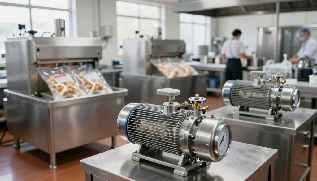 A modern food industry setting featuring several vacuum pumps in action. In the foreground, focus on a sleek, stainless-steel vacuum pump with visible gauges and valves, showcasing intricate engineering. The middle ground includes a busy industrial kitchen with large food-processing machinery, showcasing packaged goods being sealed under vacuum. In the background, light streams in through large windows, illuminating the clean, organized environment, while workers in professional kitchen attire diligently operate the machinery. The atmosphere is dynamic and efficient, highlighting the importance of vacuum technology in food preservation. Use natural lighting to enhance the mood, and capture the scene from a slightly elevated angle to provide depth. A modern food industry setting featuring several vacuum pumps in action. In the foreground, focus on a sleek, stainless-steel vacuum pump with visible gauges and valves, showcasing intricate engineering. The middle ground includes a busy industrial kitchen with large food-processing machinery, showcasing packaged goods being sealed under vacuum. In the background, light streams in through large windows, illuminating the clean, organized environment, while workers in professional kitchen attire diligently operate the machinery. The atmosphere is dynamic and efficient, highlighting the importance of vacuum technology in food preservation. Use natural lighting to enhance the mood, and capture the scene from a slightly elevated angle to provide depth.