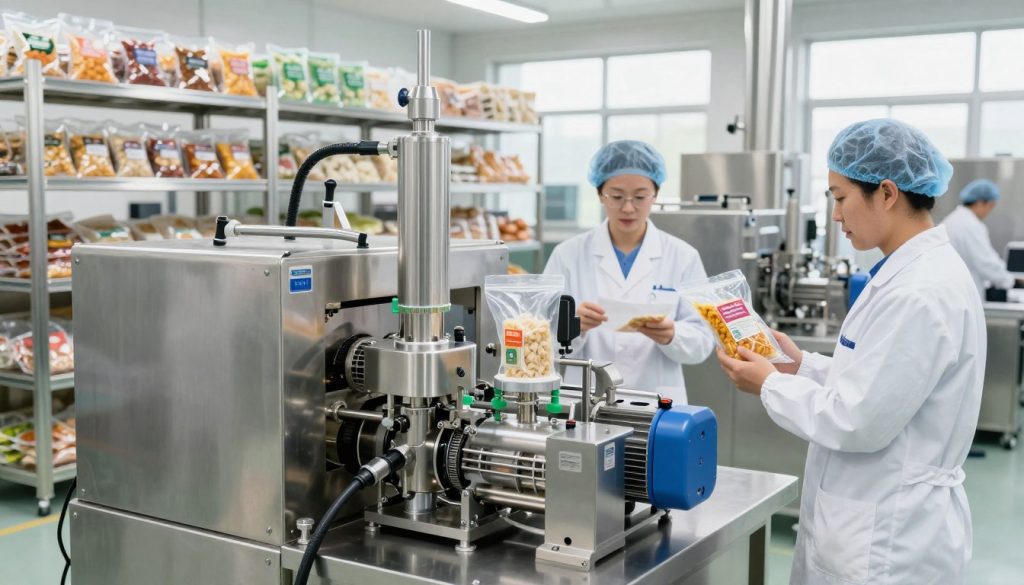 A modern food processing facility showcasing the benefits of vacuum pumps in the food industry. In the foreground, a clean, sterile workspace features a sleek vacuum pump connected to various food packaging machines, illustrating the vacuum sealing process. Workers in professional attire are actively monitoring the machines, ensuring quality control, with one holding a packaged product to display its airtight seal. The middle ground includes well-organized shelves filled with vacuum-sealed products, highlighting food freshness and longevity. The background reveals large windows allowing natural light to flood the space, creating an open and inviting atmosphere. The lighting is bright and even, emphasizing cleanliness and efficiency, while the overall mood conveys professionalism and innovation in food preservation.
