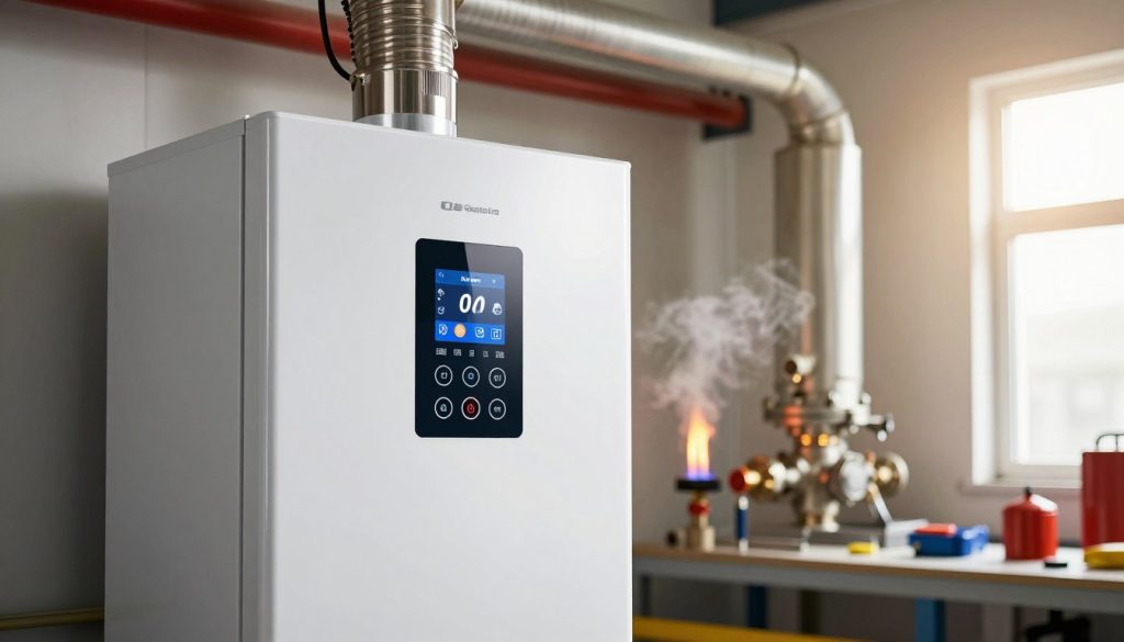 A modern gas boiler prominently displayed in the foreground, showcasing its sleek metallic design and digital control panel, reflecting the latest technology in energy-efficient heating. The middle ground features pipes and valves, with a subtle flame visible from the combustion chamber, symbolizing efficient gas combustion. The background should include a workshop environment with tools and safety equipment, emphasizing a professional setting. Natural lighting streams in through a nearby window, casting a warm glow on the metallic surfaces, enhancing the industrial atmosphere. The overall mood is vibrant yet technical, illustrating the advanced nature of gas-fired boilers. The scene should be captured with a slight angle to reveal depth and dimension, conveying a sense of innovation in energy sources for steam production.