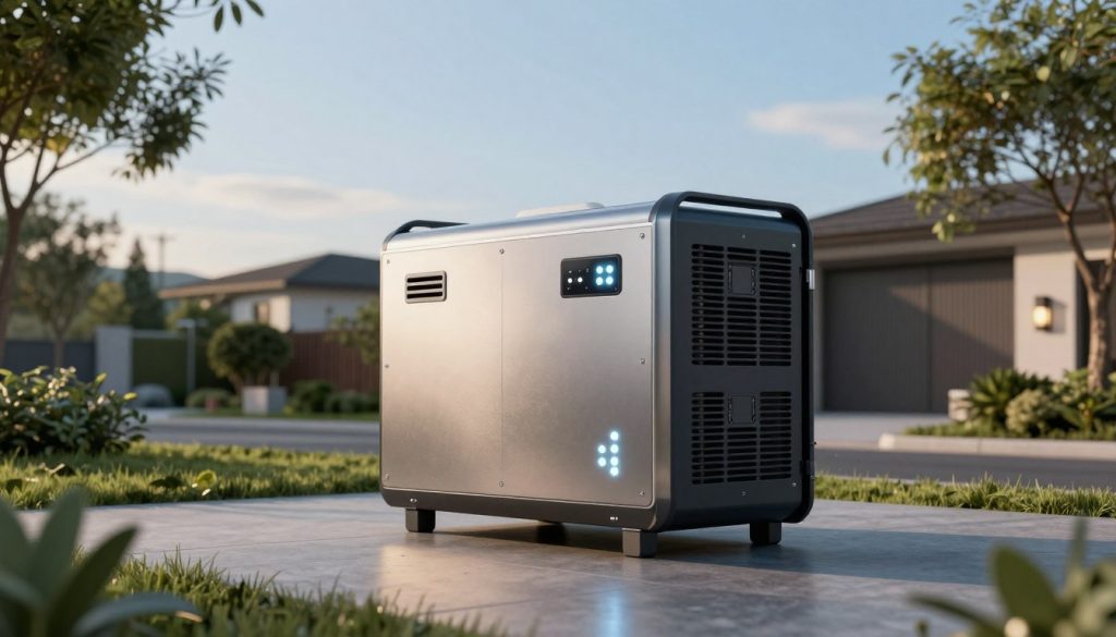 A modern, high-efficiency silent power generator is the central subject, illustrated in a sleek, metallic design with clean lines and minimalistic features. In the foreground, show the generator with glowing LED indicators, reflecting its advanced technology. The middle ground features a quiet residential area with trees and greenery, emphasizing the generator's silent operation. The background highlights a clear blue sky, suggesting a peaceful atmosphere. The lighting is soft and warm, capturing a late afternoon ambiance. Capture the scene from a slightly elevated angle, providing a comprehensive view of the generator in its environment. The overall mood should convey innovation, tranquility, and sustainability, creating an inviting visual representation of silent energy solutions. A modern, high-efficiency silent power generator is the central subject, illustrated in a sleek, metallic design with clean lines and minimalistic features. In the foreground, show the generator with glowing LED indicators, reflecting its advanced technology. The middle ground features a quiet residential area with trees and greenery, emphasizing the generator's silent operation. The background highlights a clear blue sky, suggesting a peaceful atmosphere. The lighting is soft and warm, capturing a late afternoon ambiance. Capture the scene from a slightly elevated angle, providing a comprehensive view of the generator in its environment. The overall mood should convey innovation, tranquility, and sustainability, creating an inviting visual representation of silent energy solutions.
