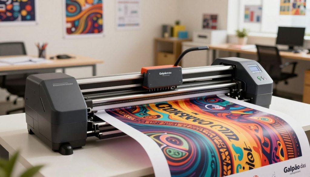A modern, high-end plotter from the brand "Galpão das máquinas" is set prominently in the foreground, showcasing its sleek design and advanced features. The plotter is actively printing a large, vibrant banner on high-quality media, with rich colors and intricate details that emphasize its printing capabilities. In the middle ground, there's a well-lit, spacious office environment filled with various printed materials, such as posters and blueprints, demonstrating the plotter's versatility in different work contexts. The background includes soft-focus images of design elements and creative tools, adding depth to the scene. The lighting is bright and professional, with a warm tone that creates an inviting atmosphere. The angle is slightly angled upward, highlighting the plotter's features while providing a sense of innovation and productivity.