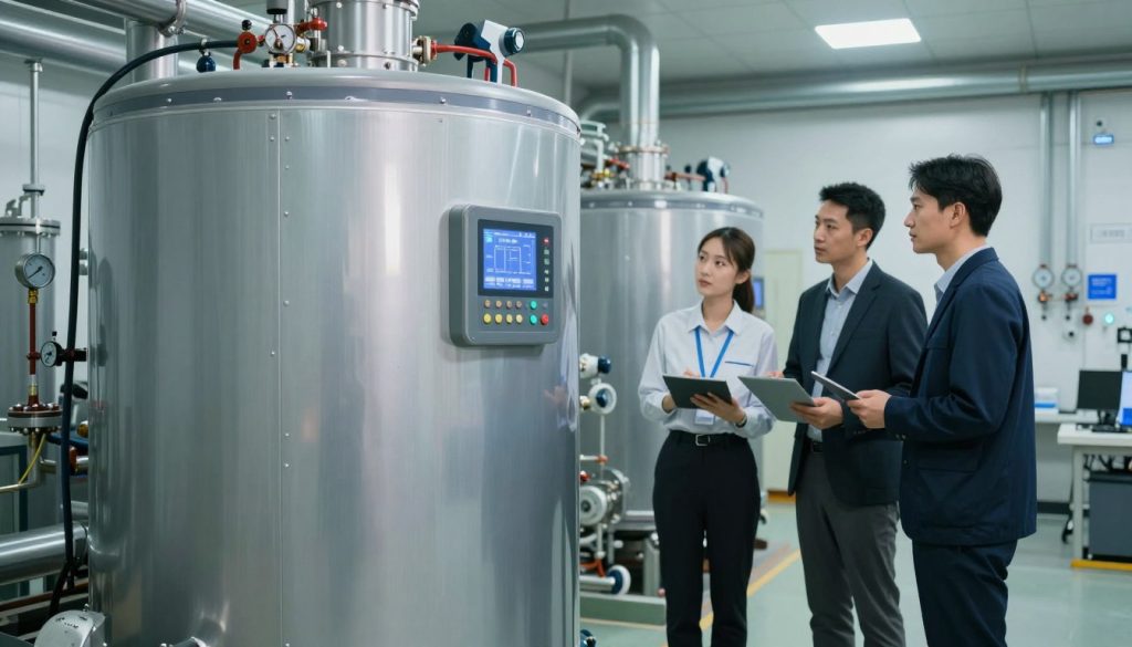 A modern industrial boiler room with cutting-edge technology. In the foreground, focus on a sleek, high-efficiency boiler with digital displays and advanced controls, reflecting innovation and maintenance. In the middle ground, technicians in professional business attire are inspecting the boiler, discussing equipment upgrades. They are working attentively, emphasizing a collaborative atmosphere. The background features a well-organized facility with pipes and gauges, clean surfaces, and ambient lighting that highlights the modern design. The overall mood conveys professionalism and progress, showcasing the advances in boiler technology that enhance longevity and efficiency. Soft, diffused lighting enhances the clarity of the details without harsh shadows, shot from a slight angle to create depth. A modern industrial boiler room with cutting-edge technology. In the foreground, focus on a sleek, high-efficiency boiler with digital displays and advanced controls, reflecting innovation and maintenance. In the middle ground, technicians in professional business attire are inspecting the boiler, discussing equipment upgrades. They are working attentively, emphasizing a collaborative atmosphere. The background features a well-organized facility with pipes and gauges, clean surfaces, and ambient lighting that highlights the modern design. The overall mood conveys professionalism and progress, showcasing the advances in boiler technology that enhance longevity and efficiency. Soft, diffused lighting enhances the clarity of the details without harsh shadows, shot from a slight angle to create depth.