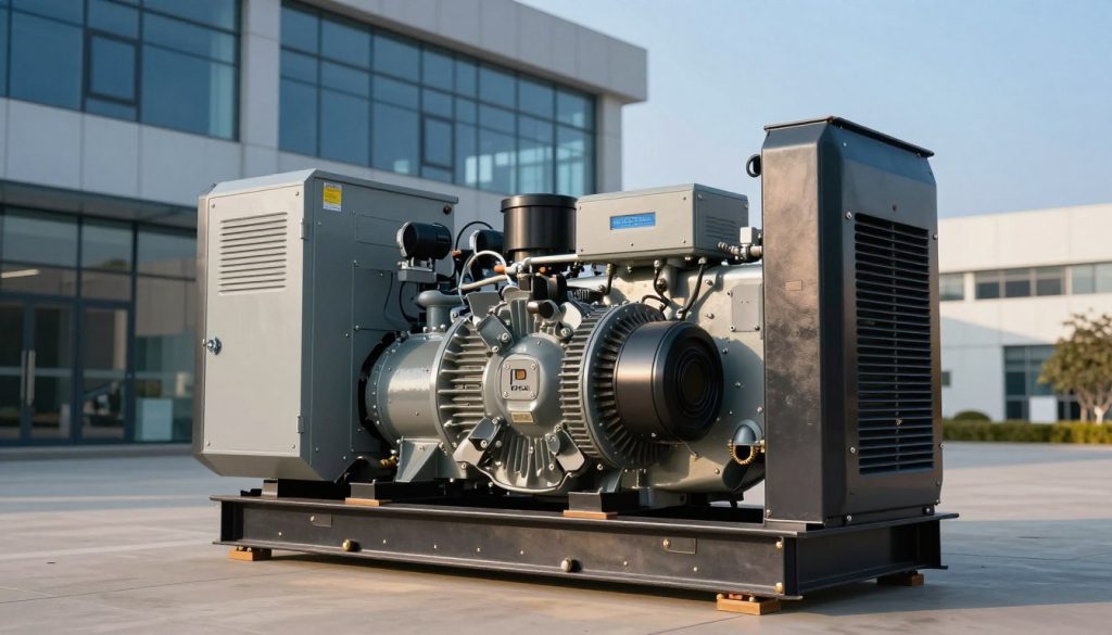 A modern industrial generator designed for businesses stands prominently in the foreground, showcasing its rugged, metallic structure. The scene captures a well-lit corporate setting, with ambient light reflecting off the generator's surface, highlighting its intricate design and technical specifications. In the middle ground, an office building is partially visible, with large glass windows, emphasizing the generator’s purpose as a backup power system. In the background, a clear blue sky serves as a contrast to the metallic hues, creating a sense of reliability and stability. The atmosphere conveys a sense of innovation and preparedness, with perfect lighting to enhance the professional ambiance. No human figures are present, ensuring the focus remains solely on the generator as an integral part of a business setting.
