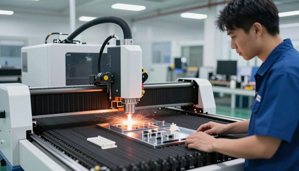 A modern industrial laser cutting machine in action, showcasing intricate metal and plastic parts being processed on a large cutting bed. In the foreground, a skilled technician in professional attire is carefully monitoring the operation, looking focused and engaged. The middle ground features a high-powered laser beam sharply cutting through materials, with dramatic heat distortion visible around the beam. In the background, a clean, well-lit manufacturing facility filled with various machinery and tools, highlighting a high-tech, efficient workspace. The lighting is bright and even, emphasizing the precision and safety features of the technology. The mood is professional and industrious, reflecting the innovative spirit of modern industrial applications of laser cutting machines. A modern industrial laser cutting machine in action, showcasing intricate metal and plastic parts being processed on a large cutting bed. In the foreground, a skilled technician in professional attire is carefully monitoring the operation, looking focused and engaged. The middle ground features a high-powered laser beam sharply cutting through materials, with dramatic heat distortion visible around the beam. In the background, a clean, well-lit manufacturing facility filled with various machinery and tools, highlighting a high-tech, efficient workspace. The lighting is bright and even, emphasizing the precision and safety features of the technology. The mood is professional and industrious, reflecting the innovative spirit of modern industrial applications of laser cutting machines.