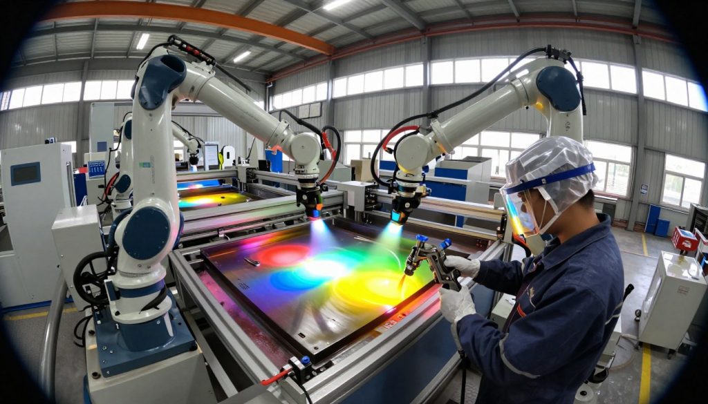 A modern industrial painting facility showcasing advanced technologies for metal coating. In the foreground, a state-of-the-art painting gun enveloped in a soft glow is being operated by a professional in protective gear and work attire. The midground features an automated paint application system with sleek robotic arms in action, expertly spraying vibrant colors onto metal parts. The background displays a spacious workshop with high ceilings, large windows allowing natural light to illuminate the scene, and various machinery. The atmosphere is dynamic and innovative, reflecting a blend of industrial efficiency and cutting-edge technology. Use a slight fisheye lens for an immersive feel, emphasizing the intricate details of the equipment and the interplay of light and shadow, creating a vibrant yet focused ambiance.