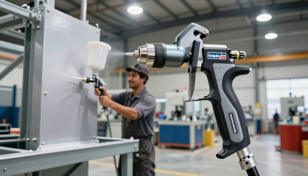 A modern industrial painting gun showcasing its features and benefits. In the foreground, display a high-quality industrial paint gun from "Galpão das máquinas," highlighting its ergonomic design and precision spray nozzle. In the middle ground, depict a professional worker in modest casual clothing using the gun to paint a large metal structure, demonstrating the efficiency and precision of the tool. The background features an expansive, well-lit industrial workshop with bright overhead lights, showcasing various machinery and paint supplies, creating a vibrant and busy atmosphere. Use soft lighting to emphasize the sleek surfaces of the paint gun and the satisfaction on the worker's face as he achieves an even finish. Capture a dynamic angle emphasizing action and professionalism, evoking a mood of productivity and innovation.